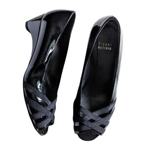 Stuart Weitzman Bandaritz Black Kitten Heels Peep Toe Criss Cross Patent size 7